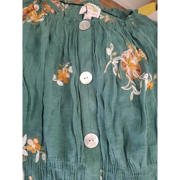 Boho Fig & Flower Embroidered Texture Peasant Dress Medium Green Anthropologie - Picture 14 of 16
